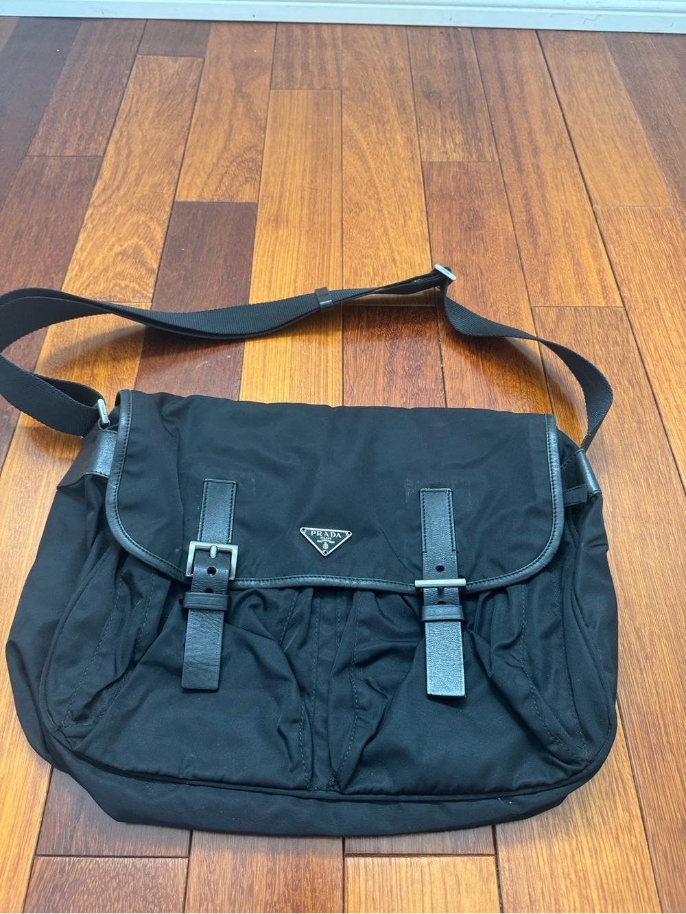 Authentic Prada Black Nylon Messenger with Leather Trim